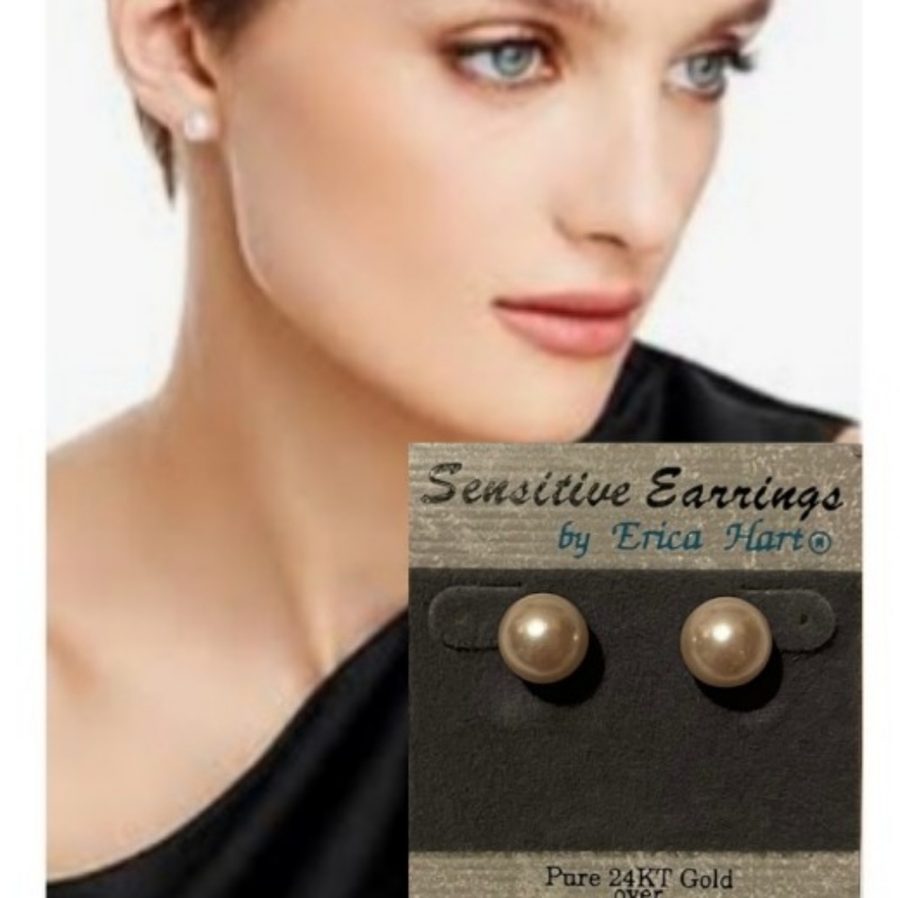 Delicate Pearl Earrings 24KT Gold over Surgical Stainless Steel  Sensitive Ears